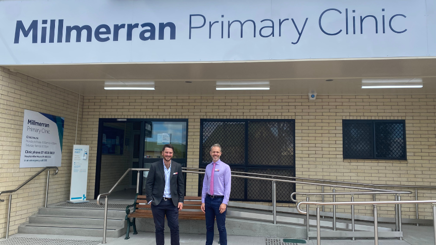 Dave Pugsley and Dr Christopher Cowling standing outside the Millmerran Primary Clinic