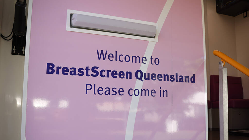 Breastscreen van with the signage 'Welcome to BreastScreen Queensland Please come in'