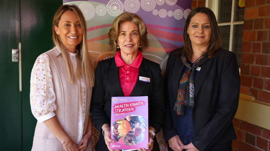 Photo of Professor Maree Toombs, Annette Scott holding Health Equity book and Rica Lacey 