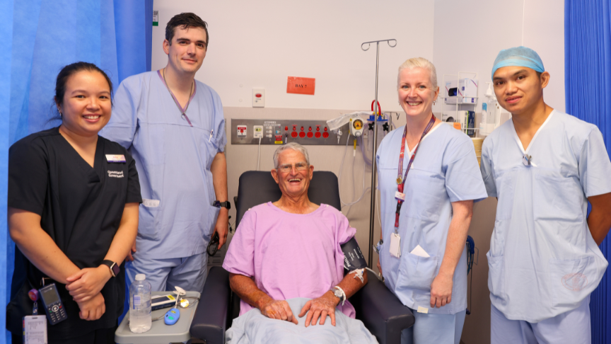 Toowoomba Hospital staff smiling with patient after first coronary angiogram procedure