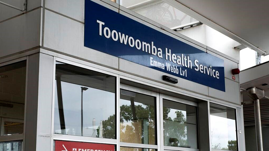 Front entrance sign at Toowoomba hospital that has the text 'Toowoomba Health Service Emma Webb Lv1'