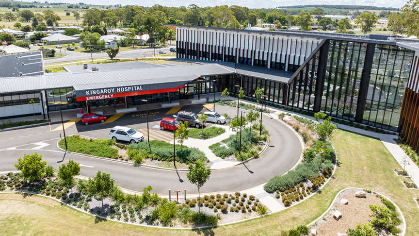 Aerial view of the front building and carpark of Kingaroy Hospital