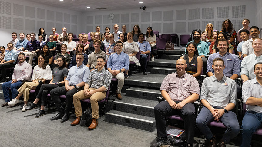 54 new medical interns sitting in lecture theatre at Toowoomba Hospital