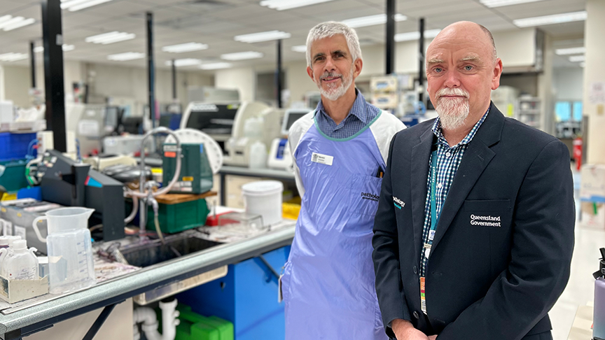 Warwick Anderson and Neil Dawson at the Pathology Queensland Toowoomba Laboratory