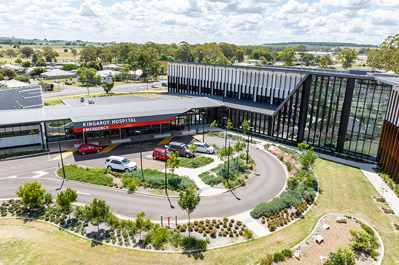 Aerial photograph of Kingaroy hospital building, emergency department and carpark