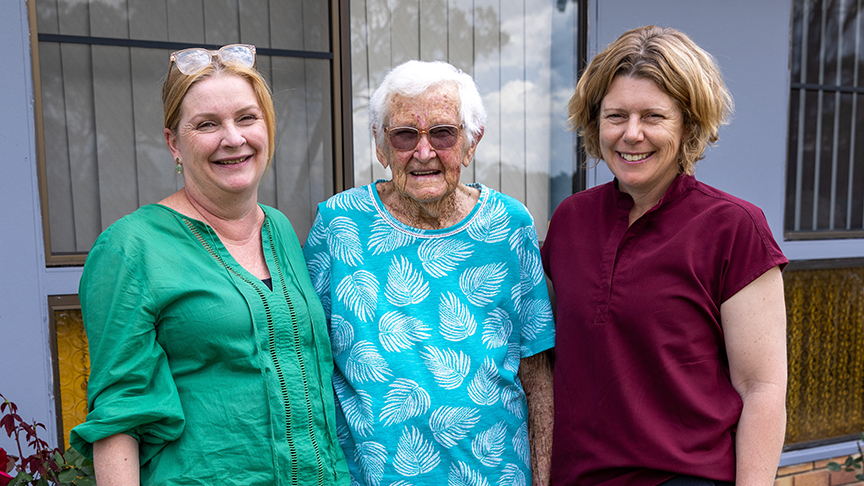 Photograph of staff members Kay Knight and Marsha Clark with Doreen Shardlow, 98 year old Stanthorpe resident.